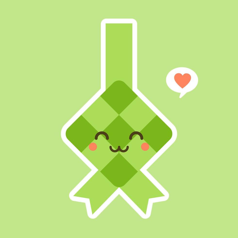 Bola de masa de arroz linda y kawaii o icono de ketupat en diseño plano aislado en fondo verde. ilustración vectorial eid mubarak. vector