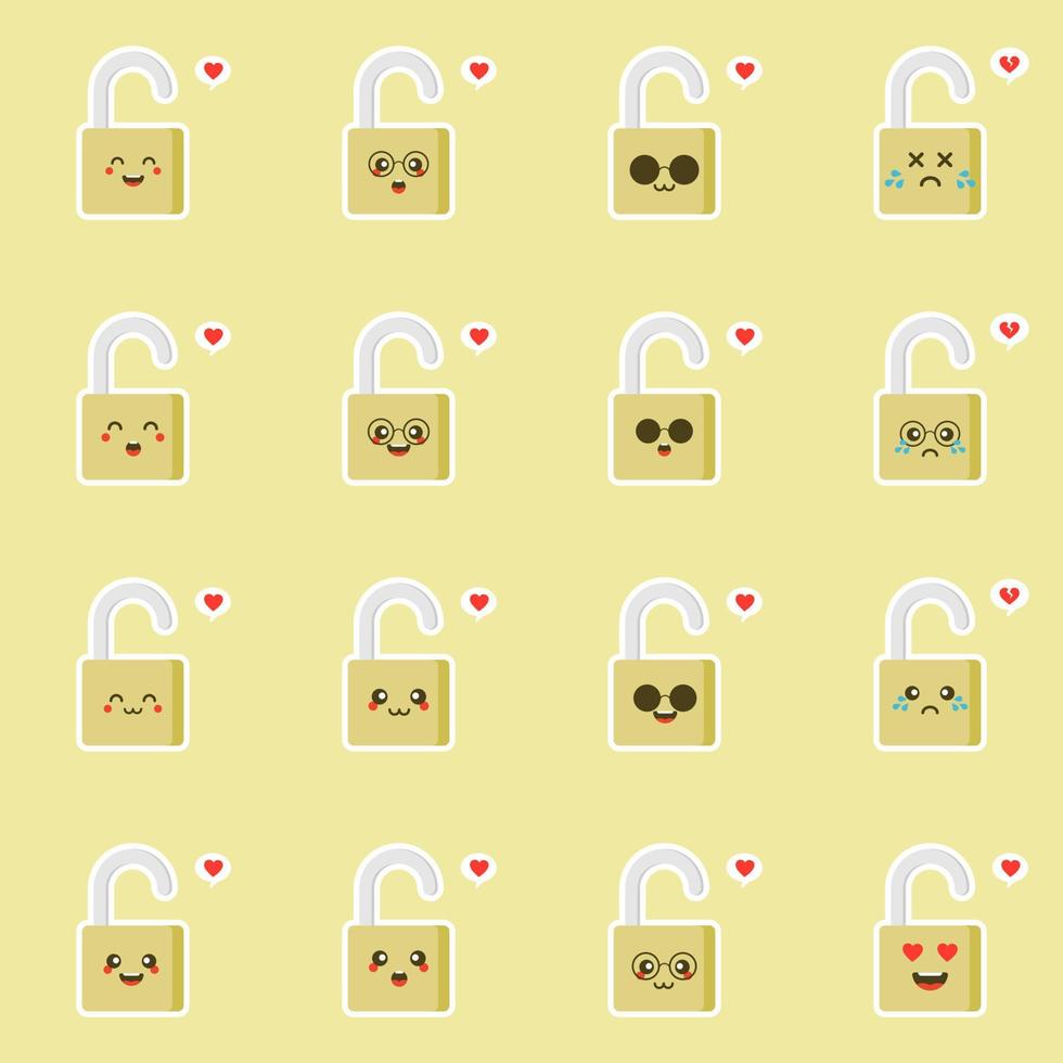 cute and kawaii padlock flat design vector illustration. Funny padlock character with smiling human emoji, cartoon vector illustration isolated on color background. Cute and funny mascots