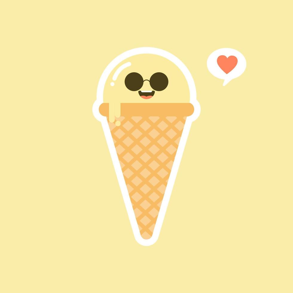 Melting ice cream balls in the waffle cone isolated on color background. Vector flat icon. Comic character in cartoon style illustration