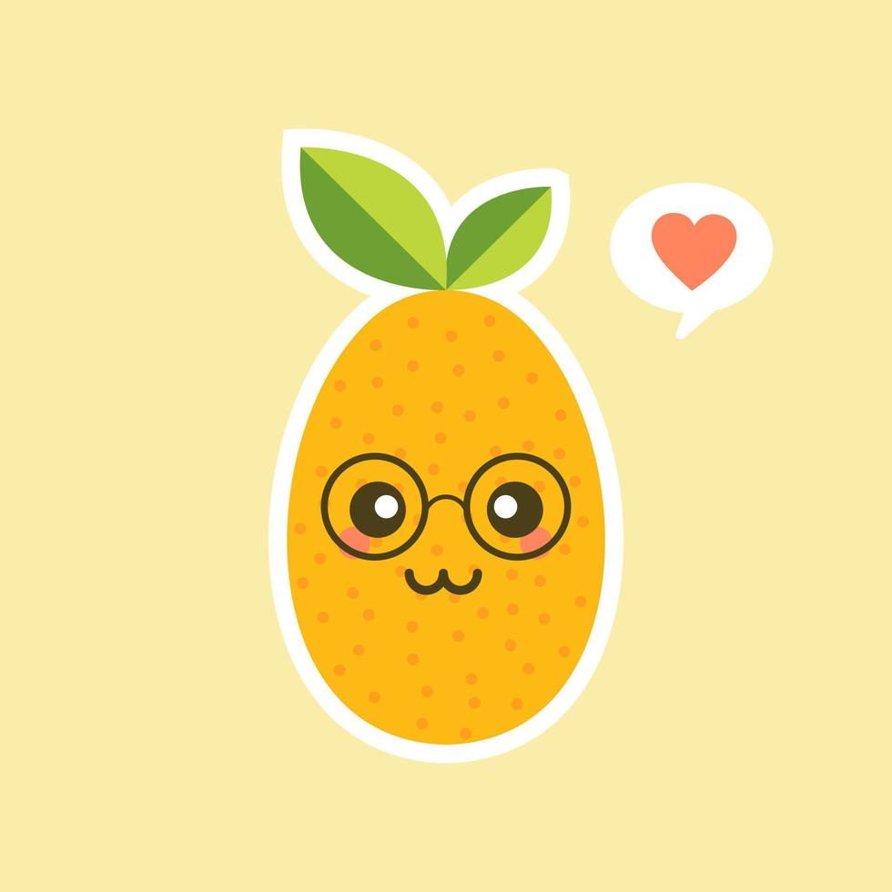 diseño de personajes de dibujos animados. kumquat ovalado con hoja verde. Ilustración de vector plano de fruta linda y kawaii aislada sobre fondo de color