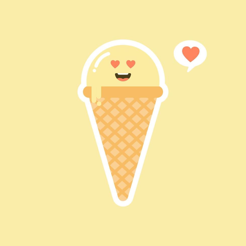 Melting ice cream balls in the waffle cone isolated on color background. Vector flat icon. Comic character in cartoon style illustration