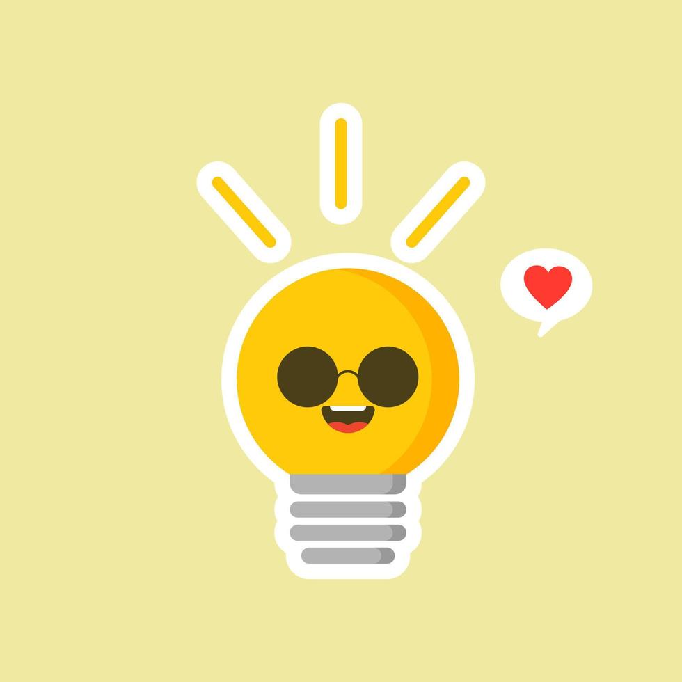 bulb flat design vector illustration. Shining yellow light bulbon color background. Emoji lightbulb with funny emotion. Hand-drawn vector illustration. Creative concept of idea