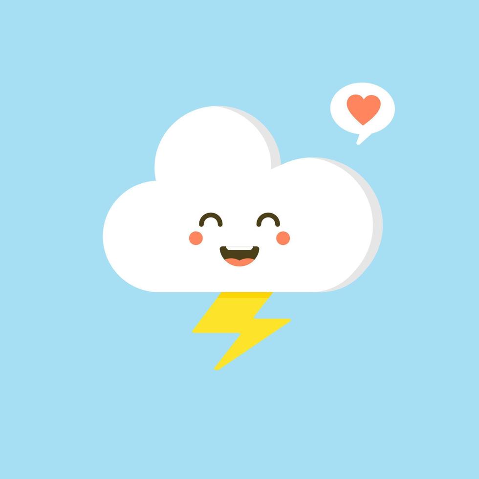 Colorful weather forecast icons. Funny cartoon sun and clouds. Adorable faces with various emotions. Flat vector for mobile app, social network sticker, children book or print. Cloud with lightning