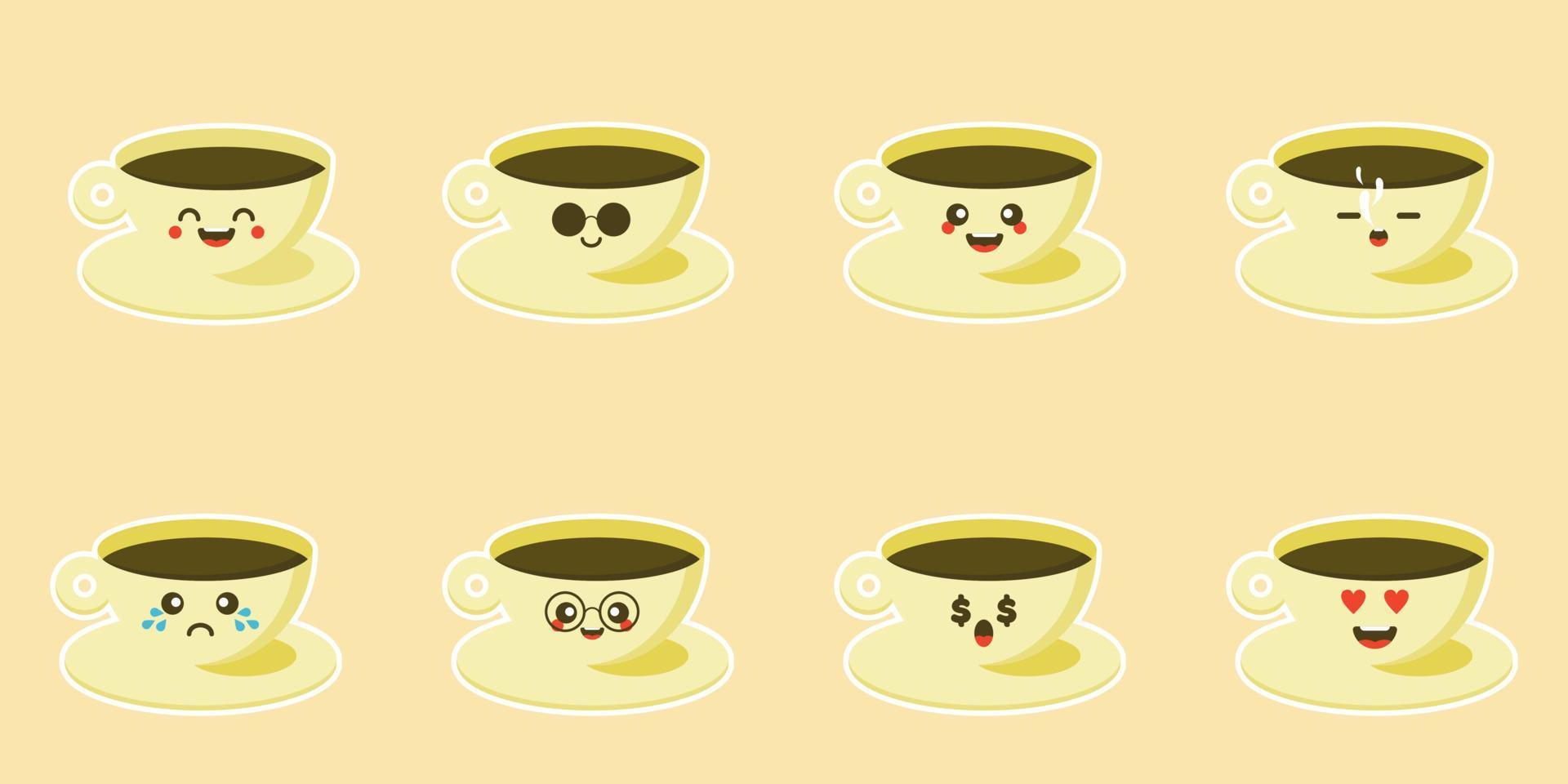 hermosos personajes de tazas de colores en diseños planos con lindas caras de dibujos animados. café y té calientes. conjunto de emoticonos de taza de café. colección con diferentes expresiones. diseño plano.avatares, tarjetas, pegatina vector