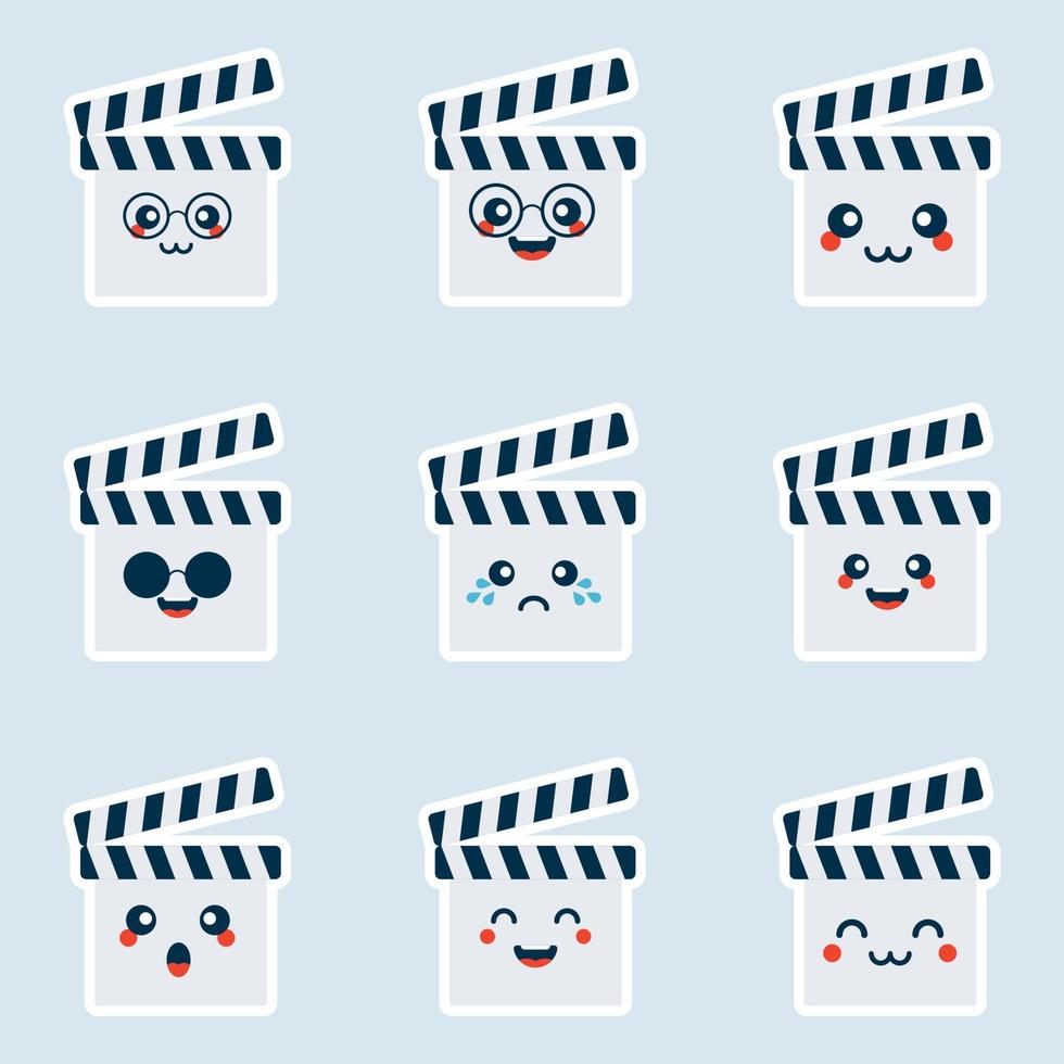 conjunto de lindos íconos de claqueta en diferentes expresiones. diseño plano. avatares, tarjetas, pegatinas, sitios, calendarios. ilustración vectorial vector