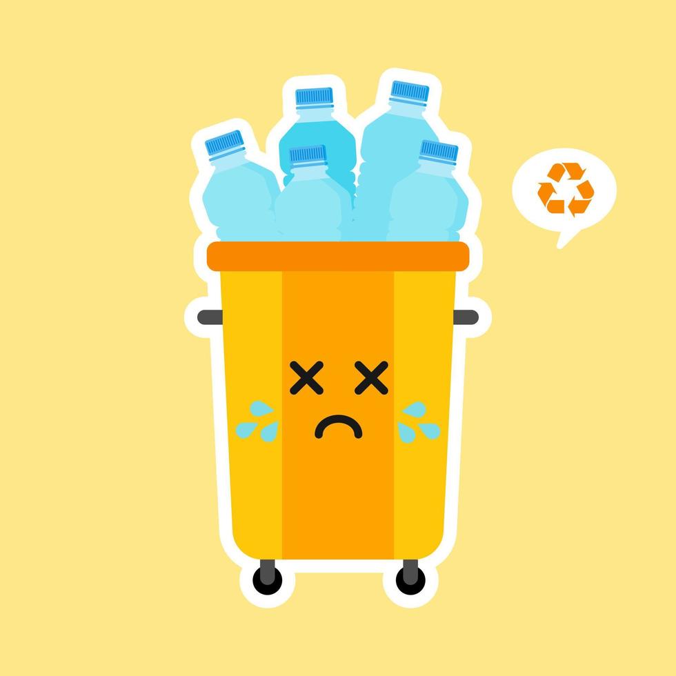 kawaii and cute Recycle Bin Cartoon Mascot Character Full With plastic Garbage . Vector Illustration Isolated On color Background. Reuse recycling and keep clean concept