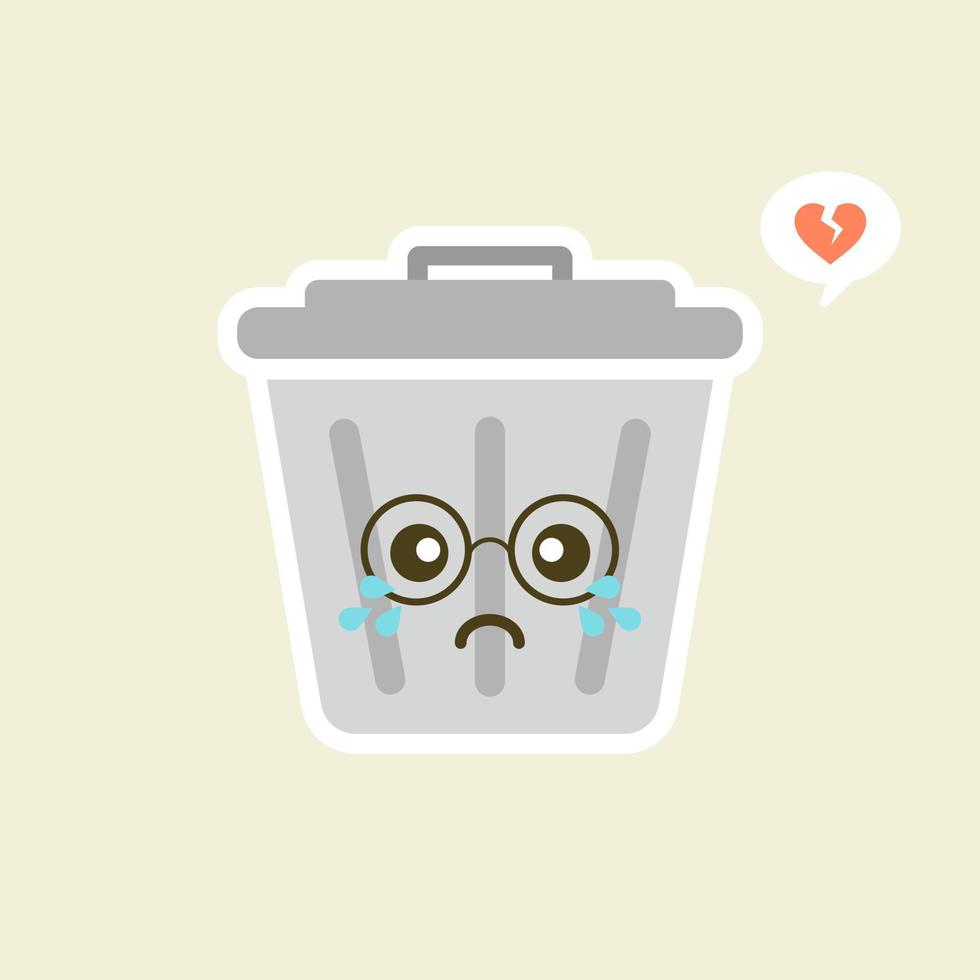 Recycle bin cartoon cute character in kawaii flat style. Tin trash bin. Metal waste container, functional trashcan. City health and function, street beautification and urban design concept. vector