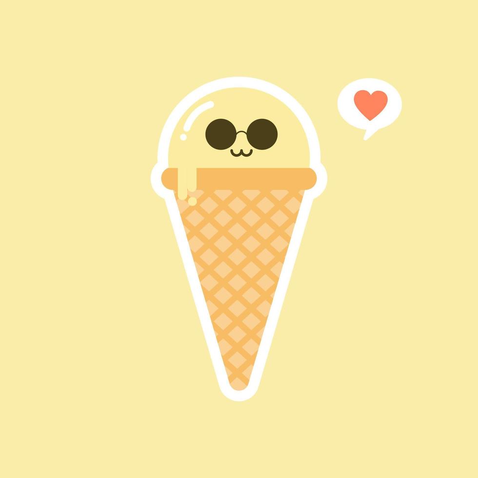 Melting ice cream balls in the waffle cone isolated on color background. Vector flat icon. Comic character in cartoon style illustration