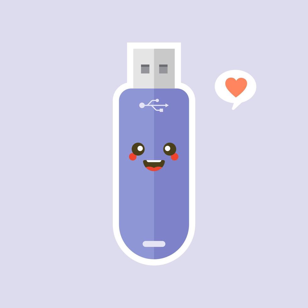 kawaii y lindo icono de unidad flash usb aislado sobre fondo de color. icono de dispositivo de memoria en estilo plano. personaje de disco flash con expresión facial. puede usarse para tecnología, mascota, elemento, sitio web, icono vector