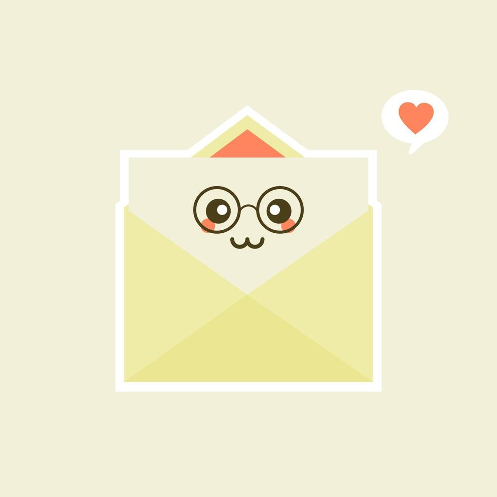 lindo y kawaii sonriente sobre feliz, carta de papel. ilustración de personaje de dibujos animados plano vectorial.aislado sobre fondo blanco. concepto de personaje de sobre. carta de amor para san valentin vector