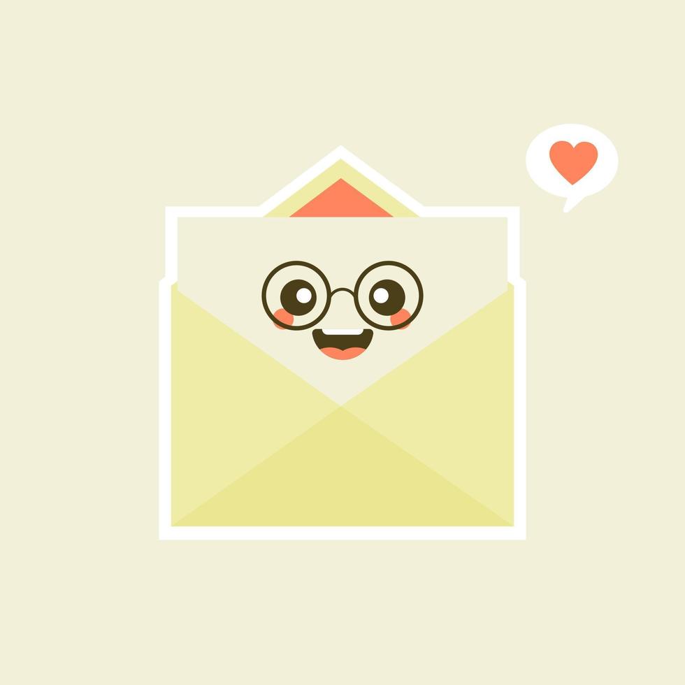 Cute and kawaii smiling happy envelope, paper letter. Vector flat cartoon character illustration.Isolated on white background. Envelope character concept. Love letter for valentine