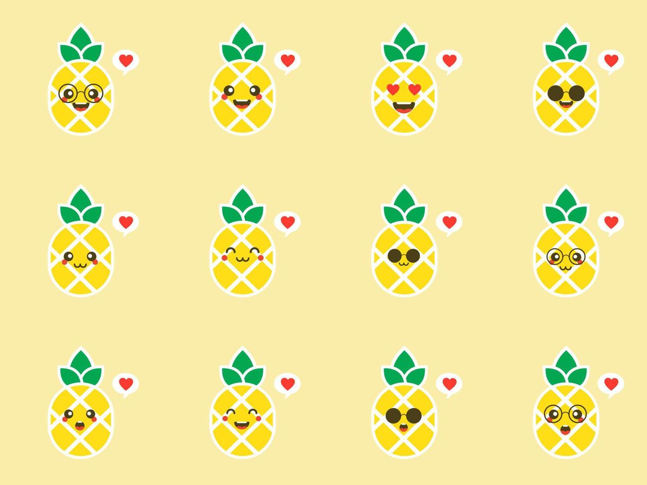 Set of pineapples character. Summer collection of sunglasses on smiling pineapple characters. Cute cartoon vector illustration. Design element for summer season cards, t-shirts, labels and tags
