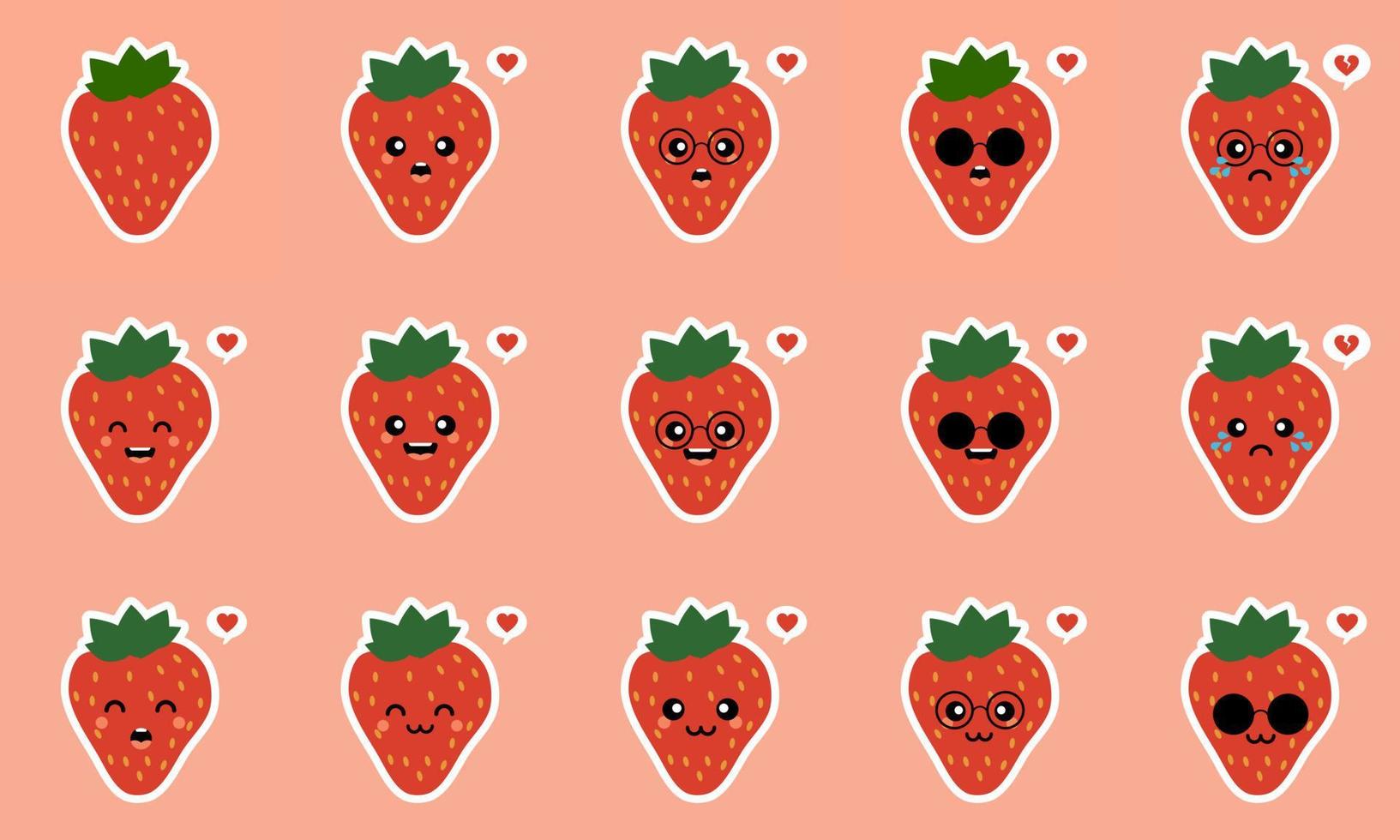 concepto de comida saludable de fresa. colección de emoticonos emoji. personajes de dibujos animados para niños libro para colorear, páginas para colorear, estampado de camisetas, icono, logotipo, etiqueta, parche, pegatina. kawaii y lindo diseño vector