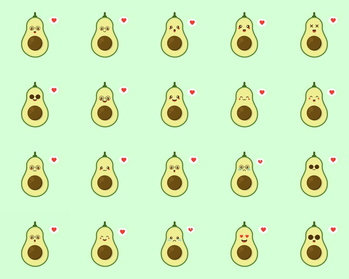 Cute avocado characters set with different emotions vector illustration. Funny kawaii avocado