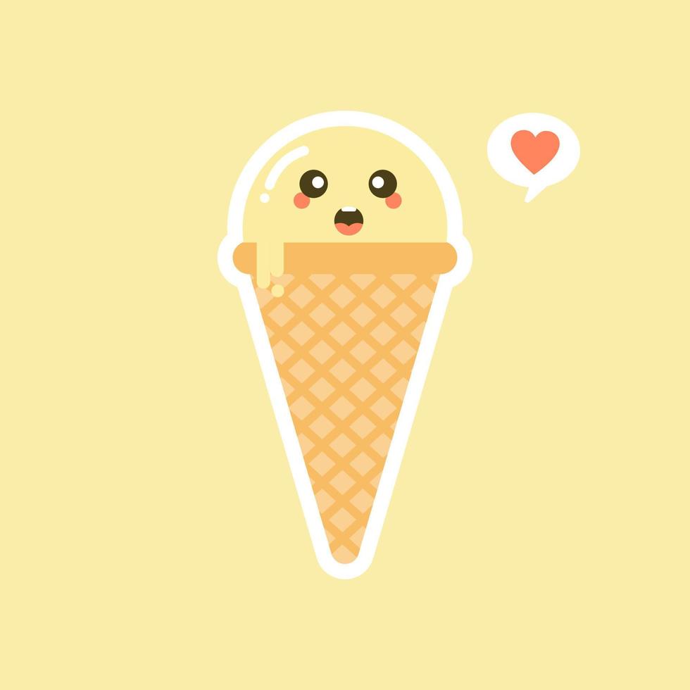 Melting ice cream balls in the waffle cone isolated on color background. Vector flat icon. Comic character in cartoon style illustration