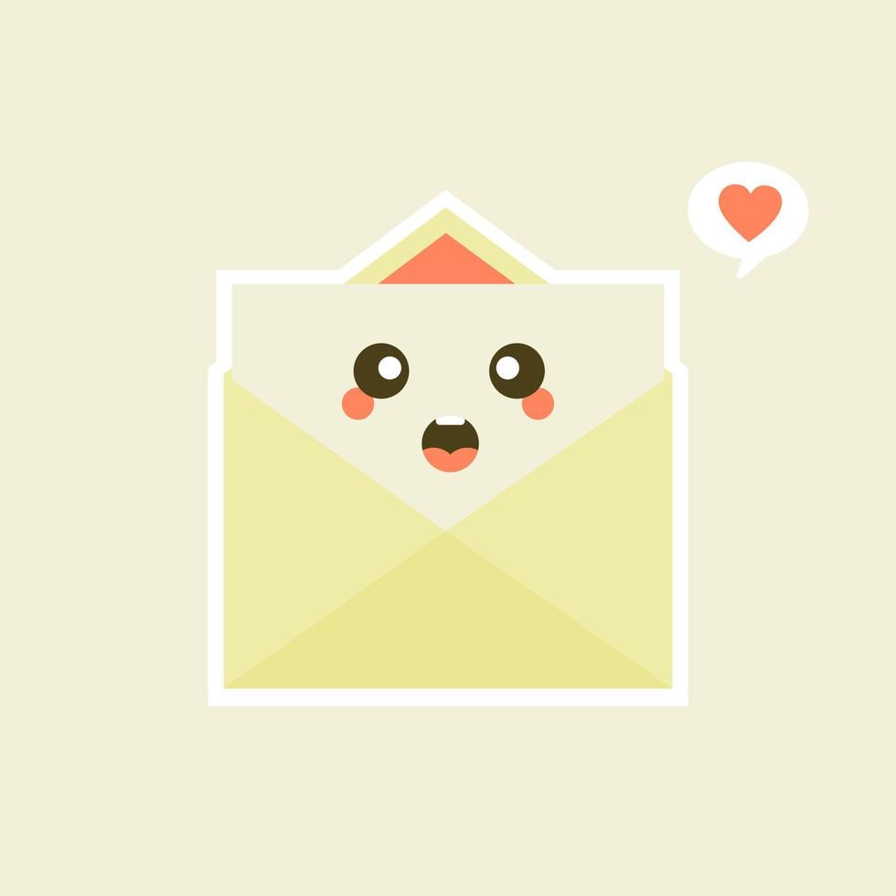 lindo y kawaii sonriente sobre feliz, carta de papel. ilustración de personaje de dibujos animados plano vectorial.aislado sobre fondo blanco. concepto de personaje de sobre. carta de amor para san valentin vector