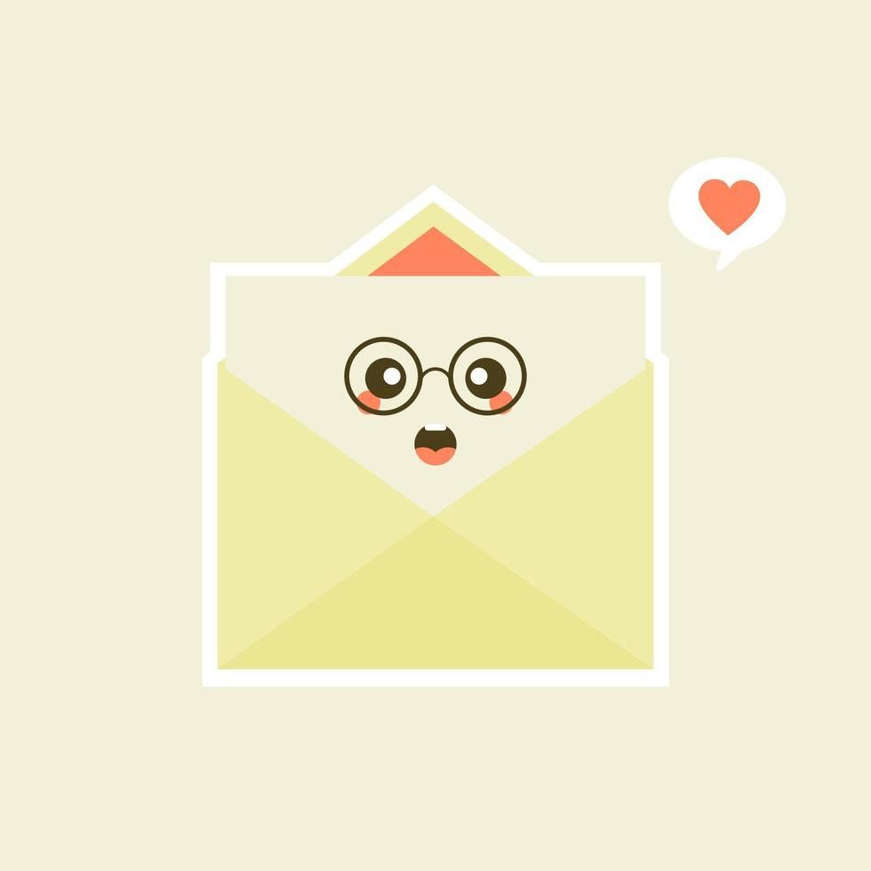 lindo y kawaii sonriente sobre feliz, carta de papel. ilustración de personaje de dibujos animados plano vectorial.aislado sobre fondo blanco. concepto de personaje de sobre. carta de amor para san valentin vector