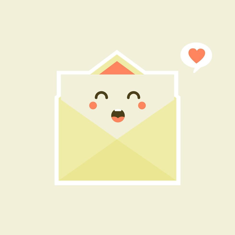 lindo y kawaii sonriente sobre feliz, carta de papel. ilustración de personaje de dibujos animados plano vectorial.aislado sobre fondo blanco. concepto de personaje de sobre. carta de amor para san valentin vector