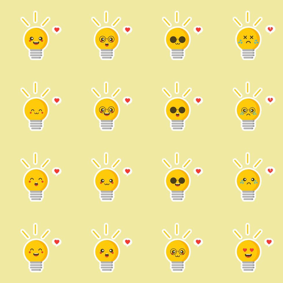 Ilustración de vector de diseño plano de bombilla o lámpara lindo y kawaii. divertido personaje de candado con emoji humano sonriente, ilustración vectorial de dibujos animados aislada en el fondo de color. mascotas lindas y divertidas