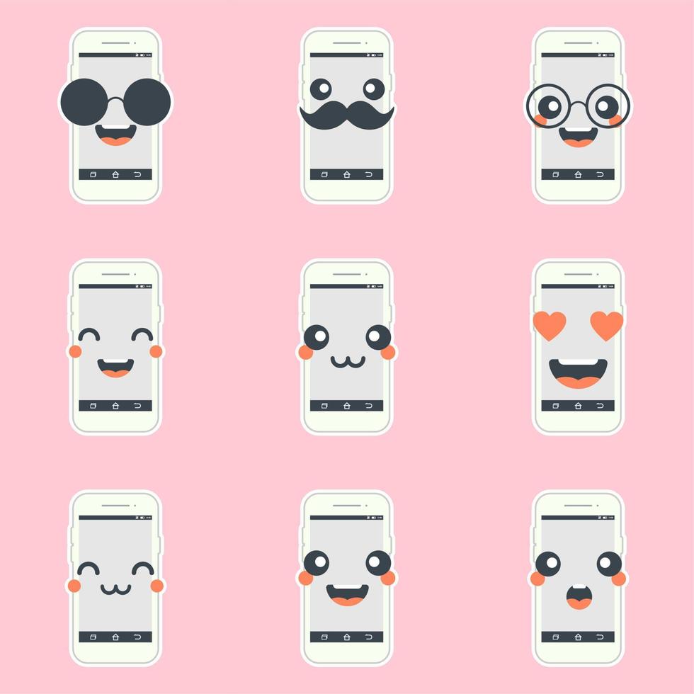 Cute and kawaii smartphone flat design, mobile phone cartoon character. Vector flat line cartoon kawaii character illustration icon. Callphone, smartphone with character face app concept