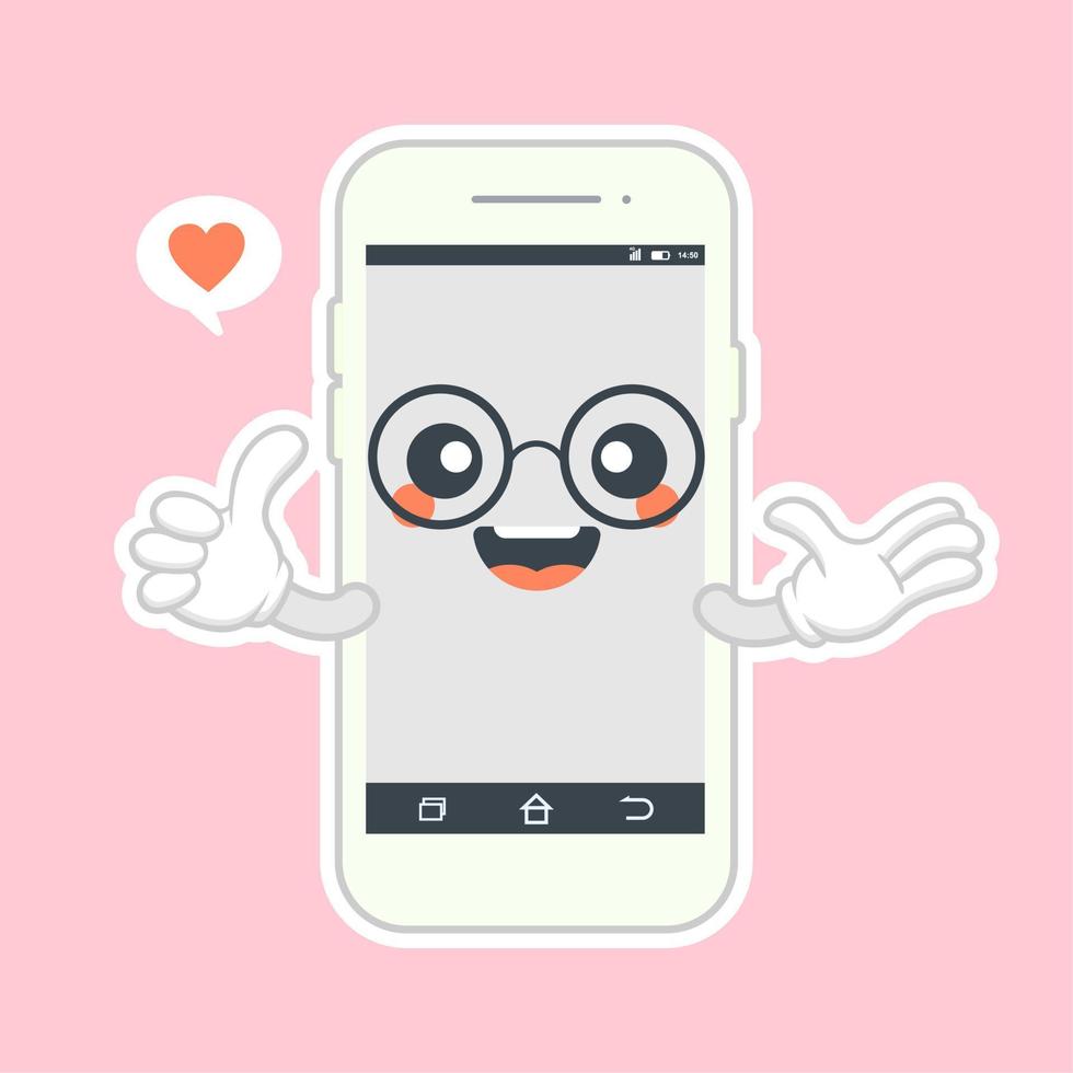 lindo y kawaii smartphone diseño plano, personaje de dibujos animados de teléfono móvil. icono de ilustración de personaje kawaii de dibujos animados de línea plana vectorial. teléfono de llamada, teléfono inteligente con concepto de aplicación de cara de personaje vector