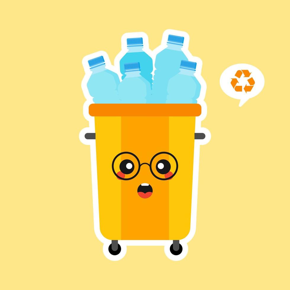 kawaii y lindo personaje de mascota de dibujos animados de papelera de reciclaje lleno de basura plástica. ilustración vectorial aislada sobre fondo de color. reutilizar el reciclaje y mantener el concepto limpio vector
