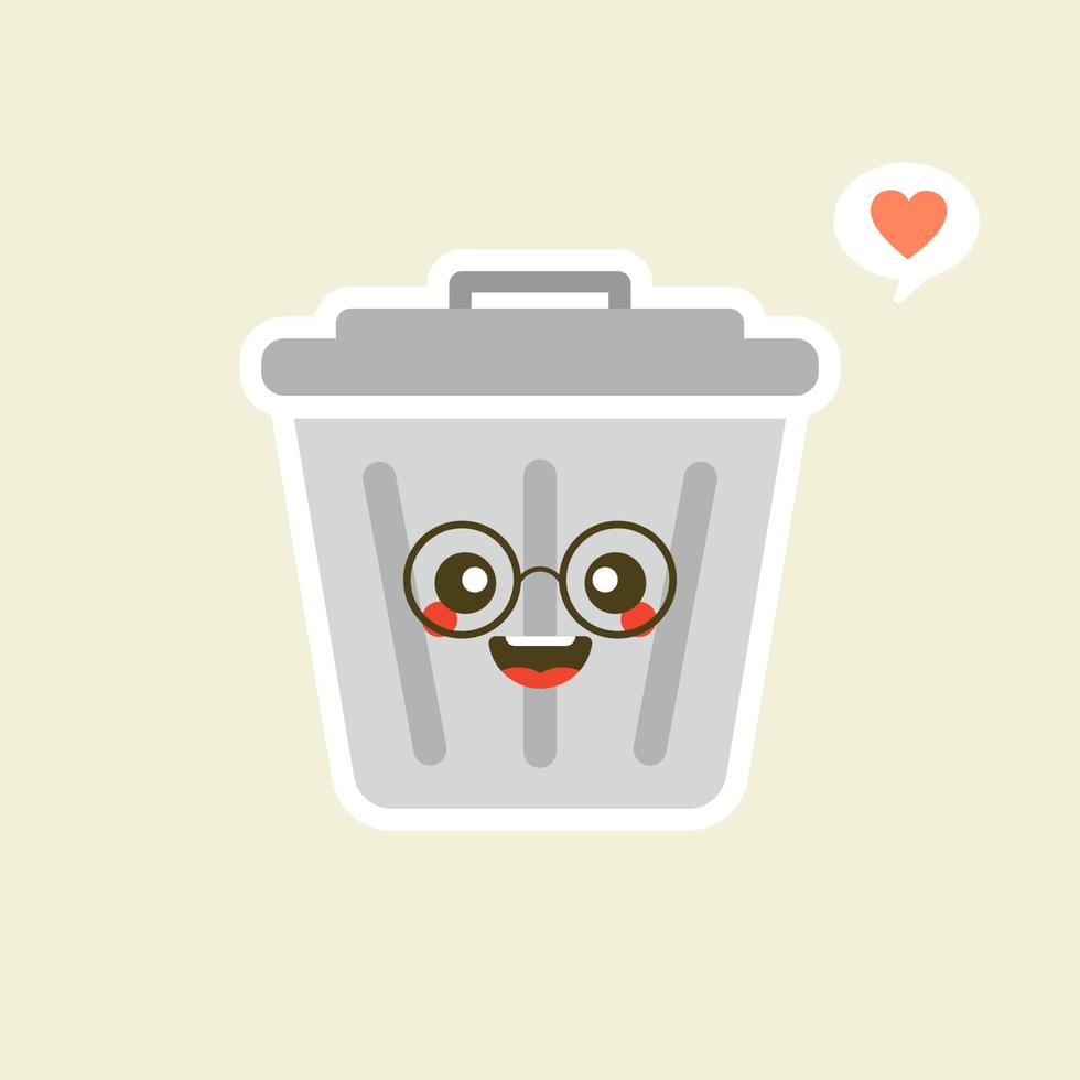 Recycle bin cartoon cute character in kawaii flat style. Tin trash bin. Metal waste container, functional trashcan. City health and function, street beautification and urban design concept. vector