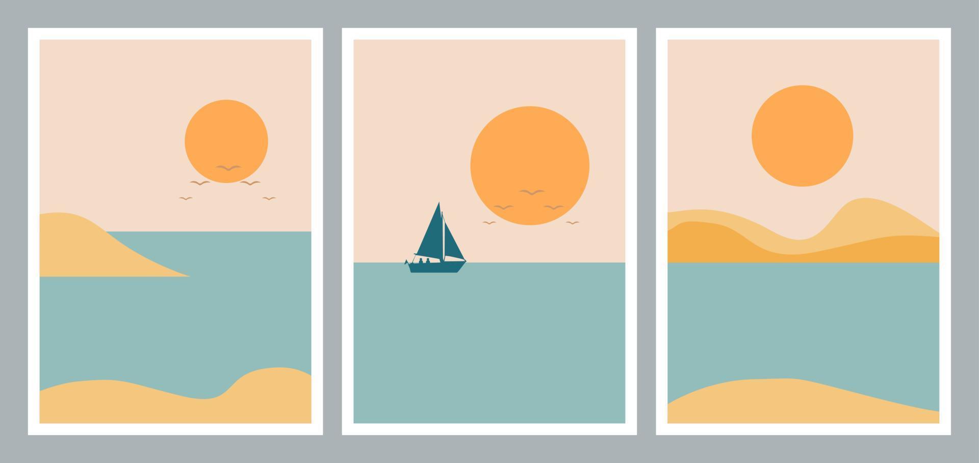 Set of abstract minimalist aesthetic posters backgrounds with sea landscape, couple silhouette, yacht. Trendy vector illustration for wall decoration, postcard or brochure, social media.