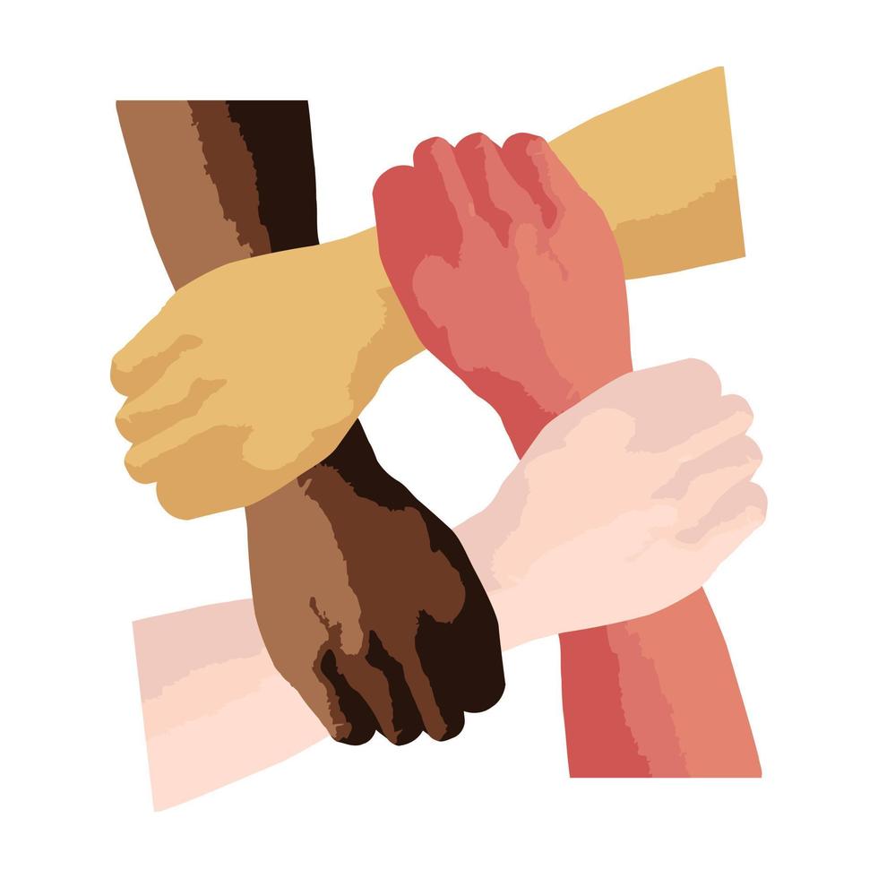 Stop racism icon. Motivational poster against racism and discrimination. Many handprint of different races together. Vector Illustration