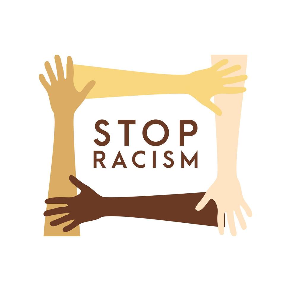 detener el icono del racismo. cartel motivacional contra el racismo y la discriminación. muchas manos de diferentes razas juntas ilustración vectorial vector