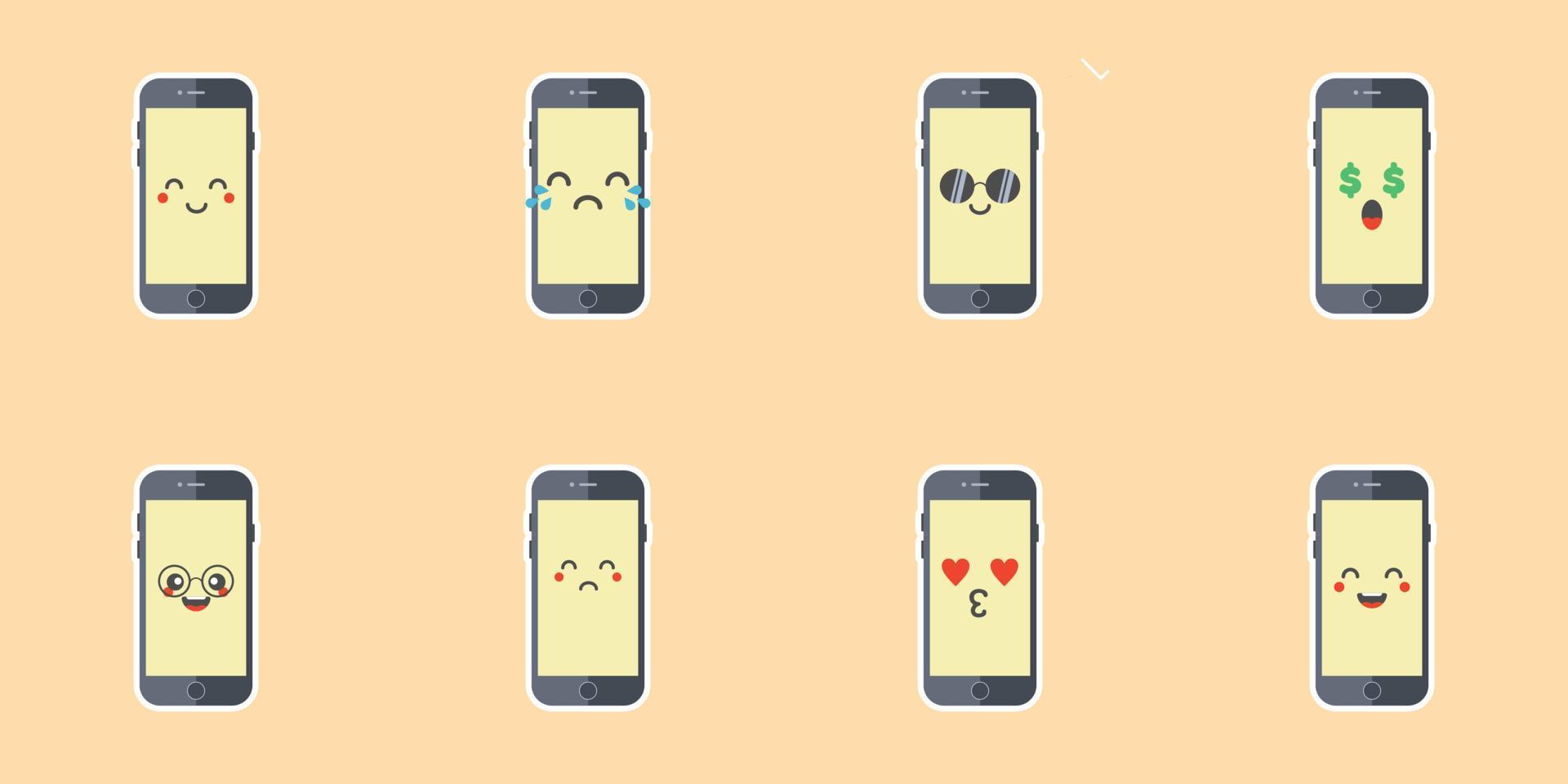 teléfono emoji vector gadget personaje teléfono inteligente o tableta con ilustración de expresión facial conjunto emocional de dispositivo digital teléfono celular o emoción de teléfono móvil con ojos y sonrisa aislado en el fondo