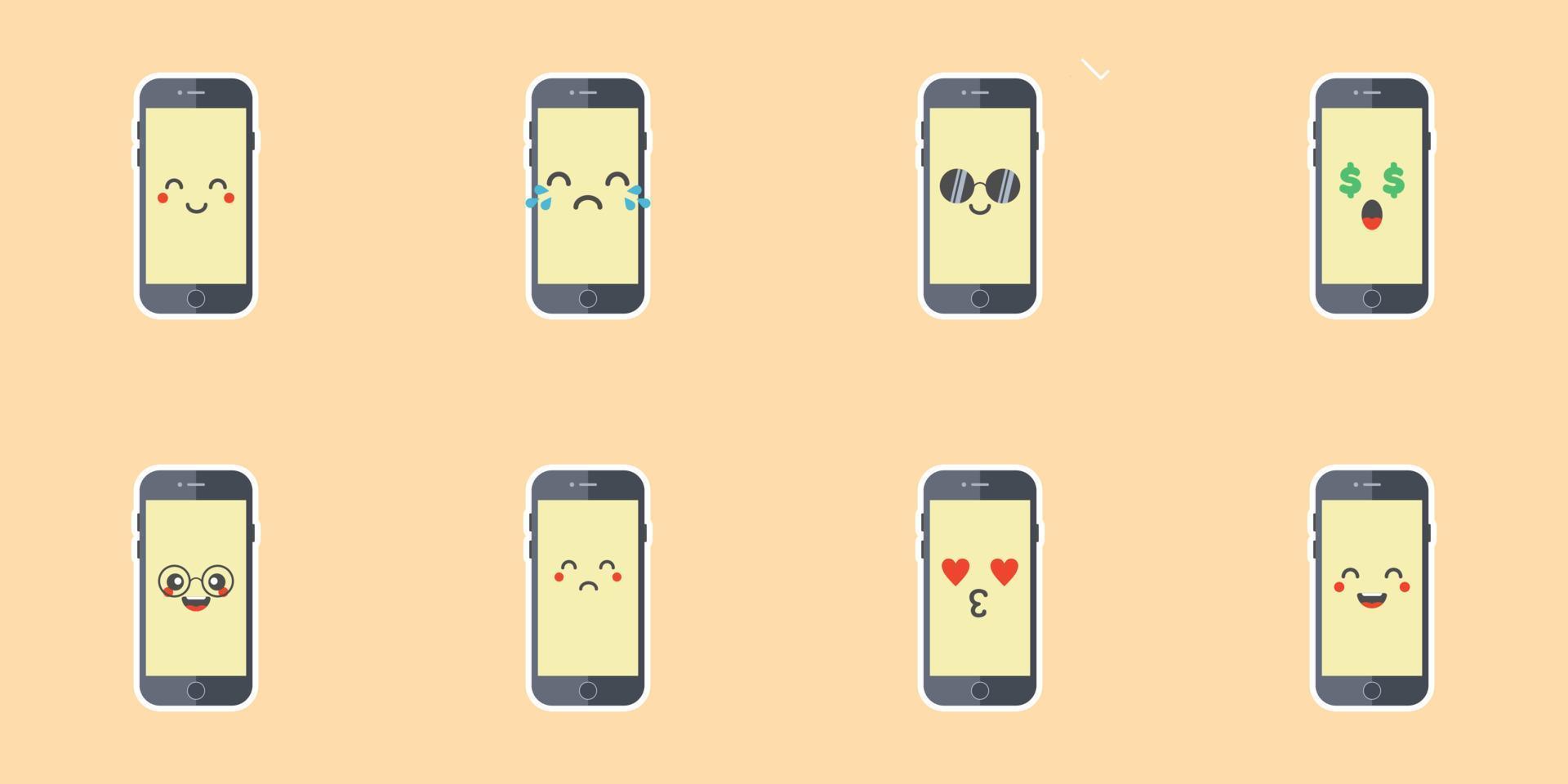 Phone emoji vector gadget character smartphone or tablet with face expression illustration emotional set of digital device cellphone or mobilephone emotion with eyes and smile isolated on background