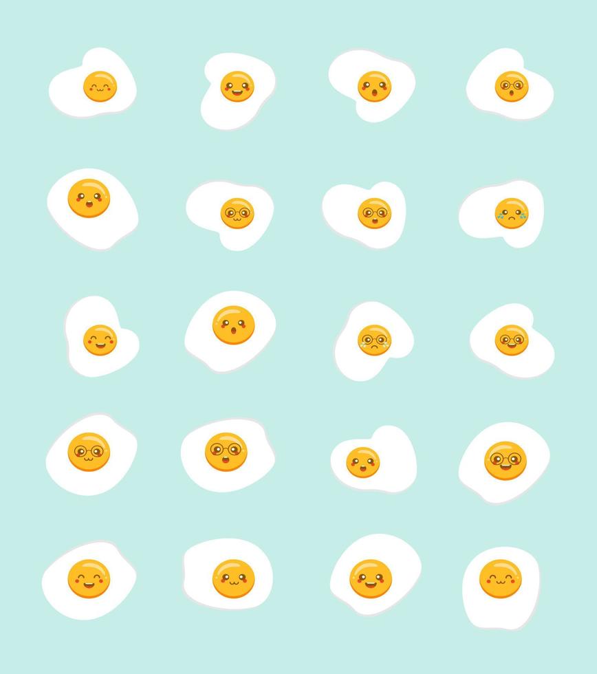 Cute emoji fried eggs icon set, top view, isolated on white background. Flat cartoon kawaii style vector food character. illustration. Omelet with lovely emoticon face on yellow yolk symbol design.