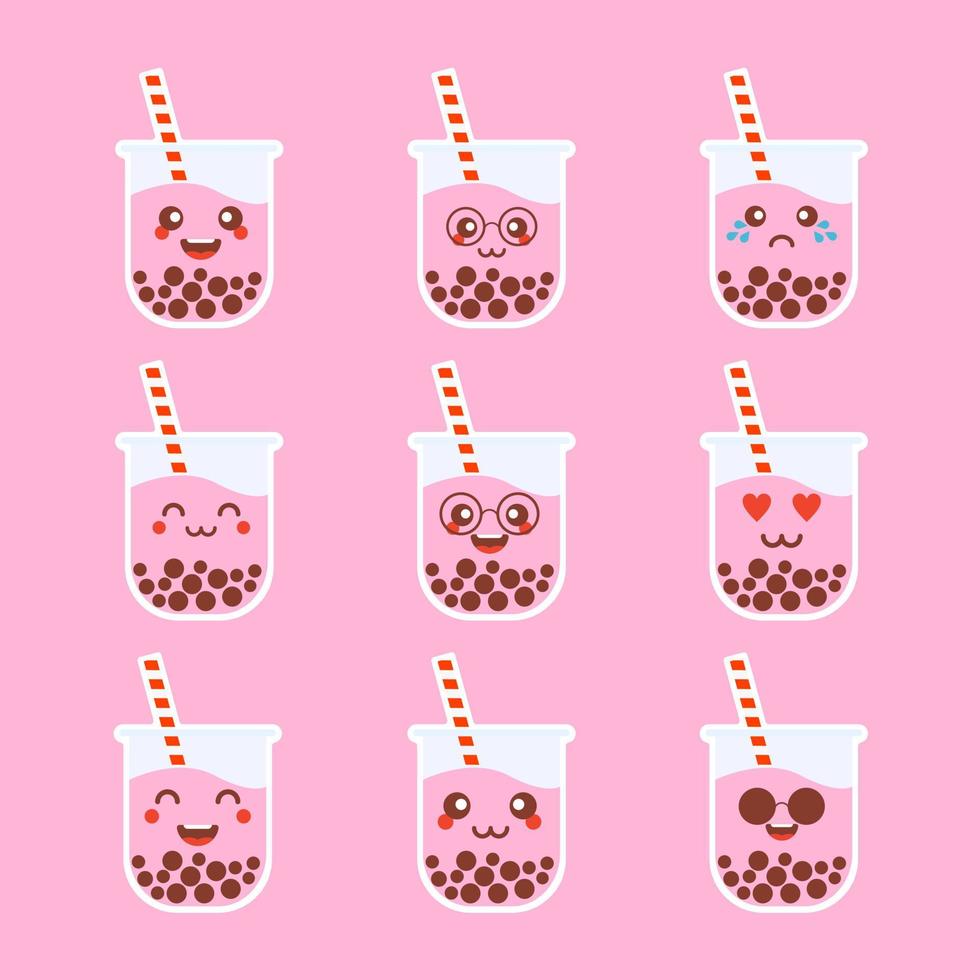 kawaii cute emoji sticker set of character cartoon bubble milk tea vector