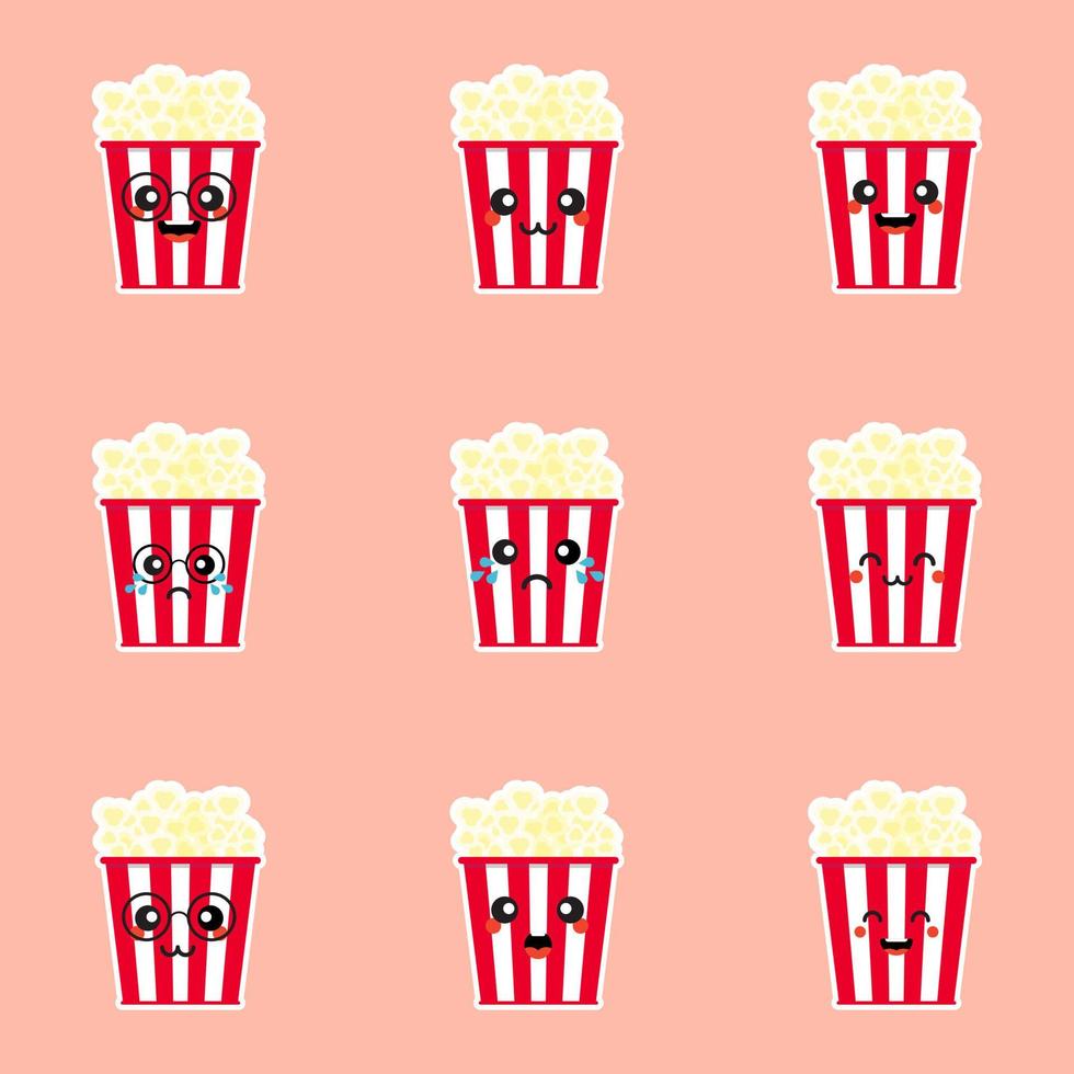 Cute Popcorn. Cinema Snack. Vector Illustration Cartoon Character Icon.. Set of hand drawn cute pop corn boxes isolated on white background. Vector cartoon character with different kawaii emotions.