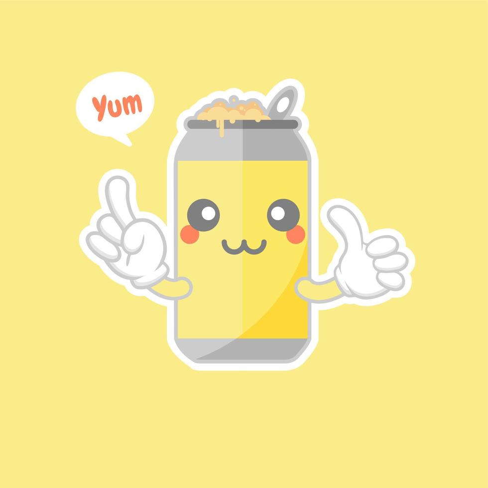 latas de refresco de dibujos animados lindos y kawaii. lindo emoticono encantador emoji cara, sonrisa, feliz. refrescos de cola y refrescos. dulce pero alta en calorías. vector