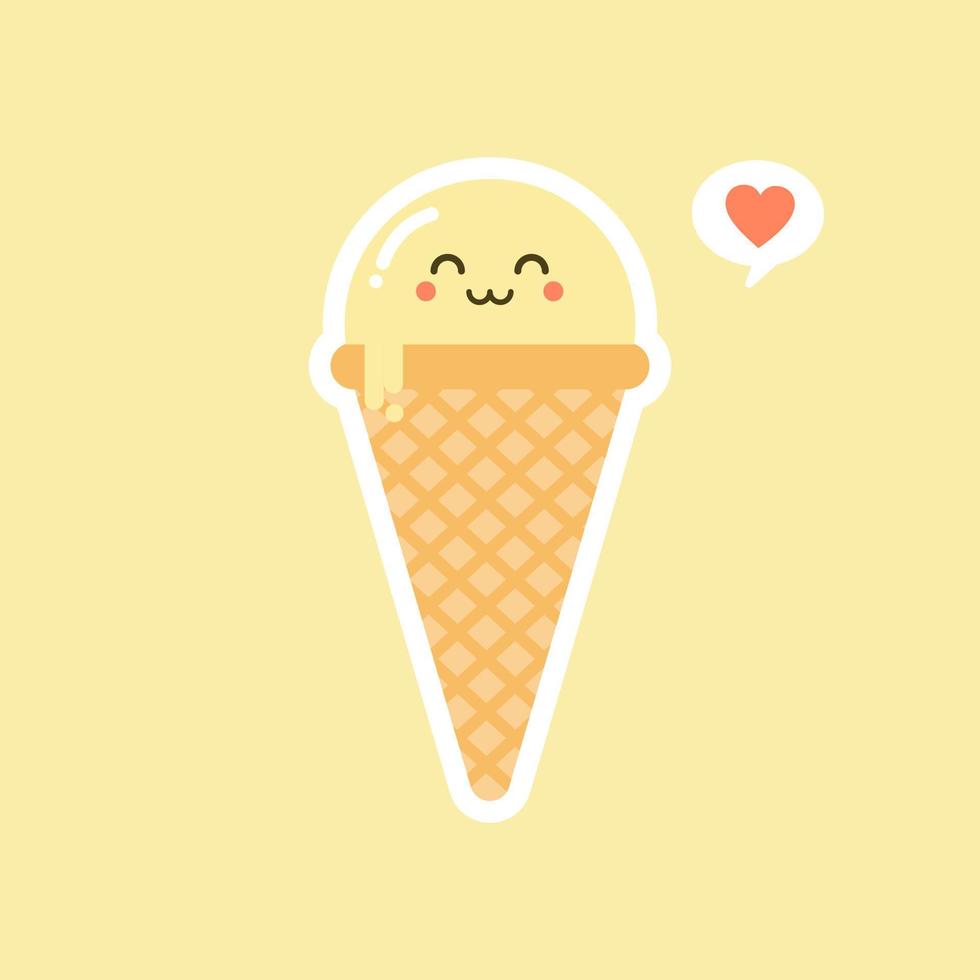 Melting ice cream balls in the waffle cone isolated on color background. Vector flat icon. Comic character in cartoon style illustration