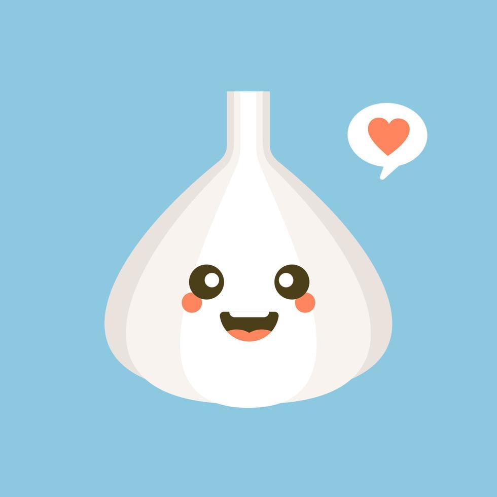 Cute and Kawaii Happy smiling cute garlic. Vector modern flat style cartoon character illustration icon. Isolated on color background. Garlic concept