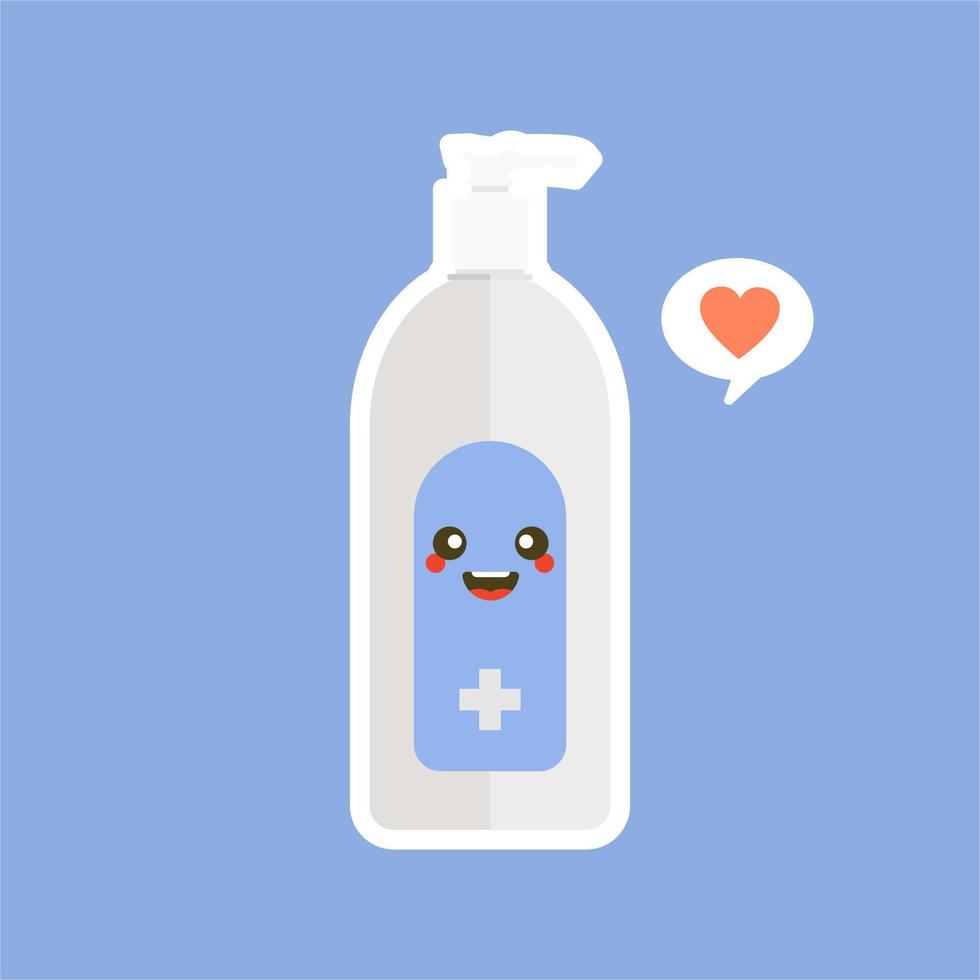 linda y kawaii botella de desinfección o desinfectante, gel de lavado. ilustración vectorial adecuada para higiene, desinfección, medicina, vida limpia, antivirus, bacterias, atención médica, propagación de enfermedades, gérmenes vector