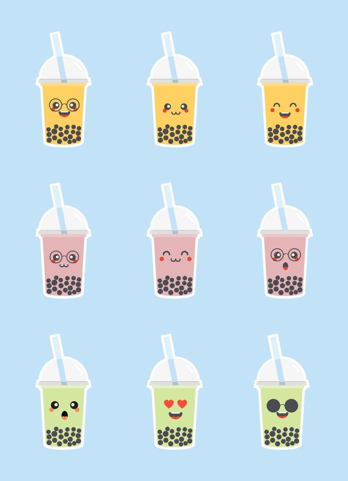 kawaii lindo conjunto de pegatinas emoji de té de leche de burbujas de dibujos animados de personajes vector