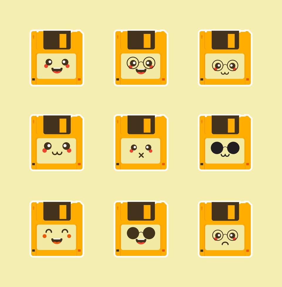 Cute diskettes with face. Vector design isolated on color background.floppy disk emoji vector character with face expression illustration emotional set