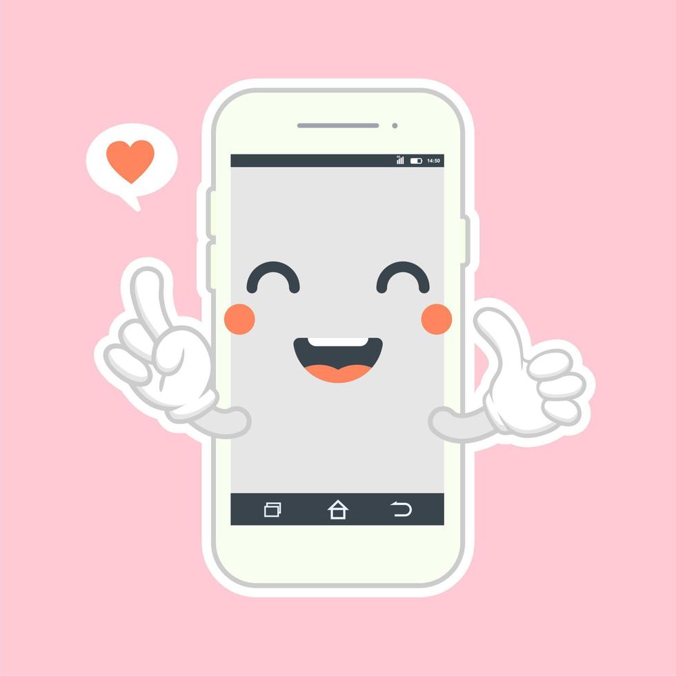 Cute and kawaii smartphone flat design, mobile phone cartoon character. Vector flat line cartoon kawaii character illustration icon. Callphone, smartphone with character face app concept