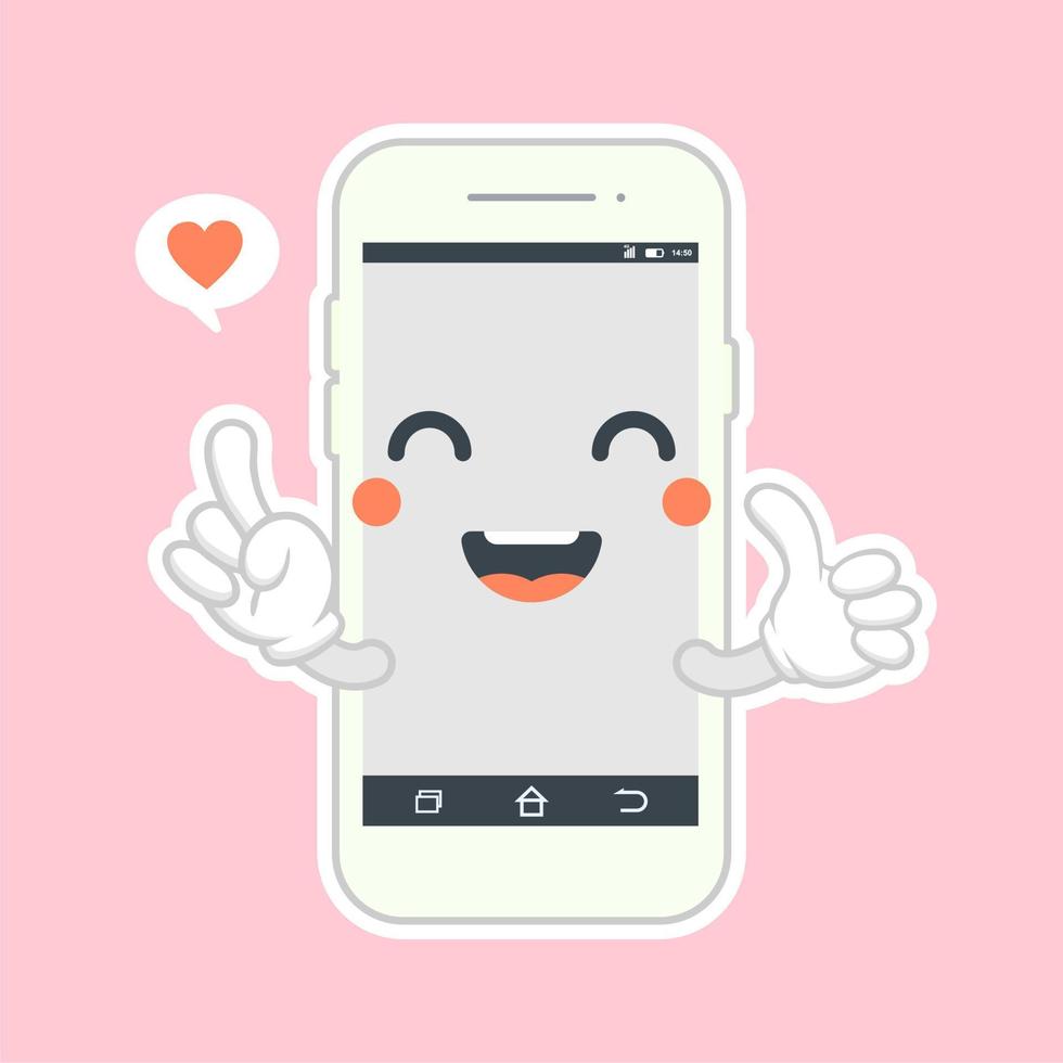 lindo y kawaii smartphone diseño plano, personaje de dibujos animados de teléfono móvil. icono de ilustración de personaje kawaii de dibujos animados de línea plana vectorial. teléfono de llamada, teléfono inteligente con concepto de aplicación de cara de personaje vector