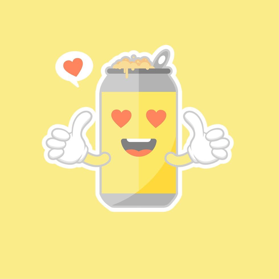 latas de refresco de dibujos animados lindos y kawaii. lindo emoticono encantador emoji cara, sonrisa, feliz. refrescos de cola y refrescos. dulce pero alta en calorías. vector