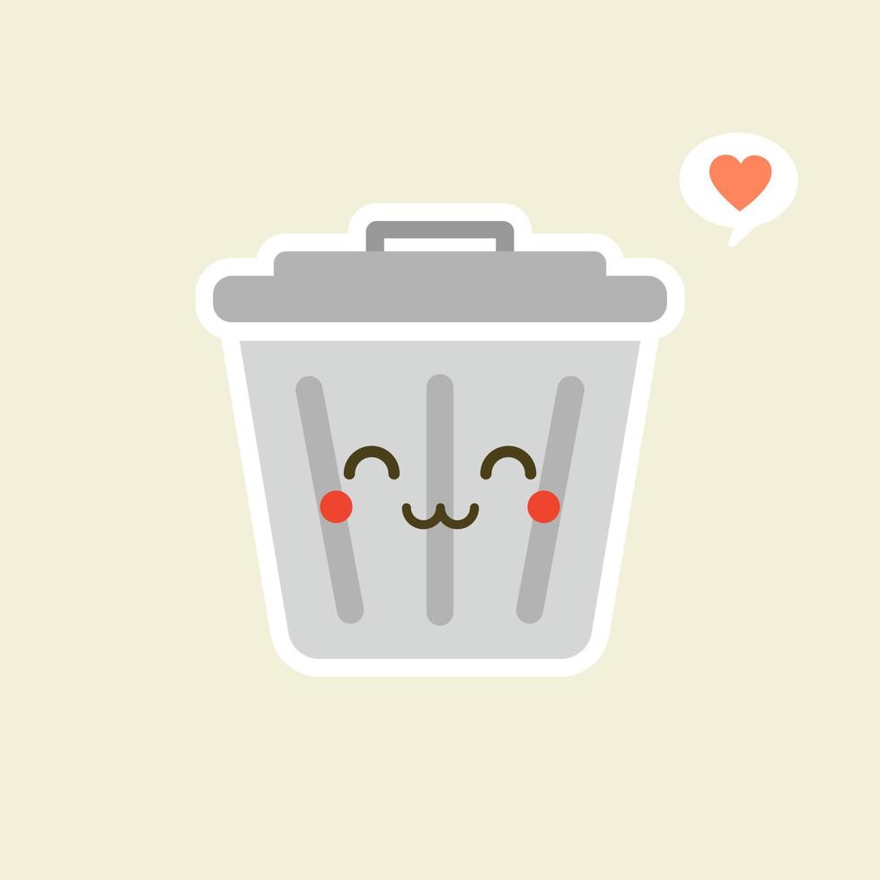 Recycle bin cartoon cute character in kawaii flat style. Tin trash bin. Metal waste container, functional trashcan. City health and function, street beautification and urban design concept. vector