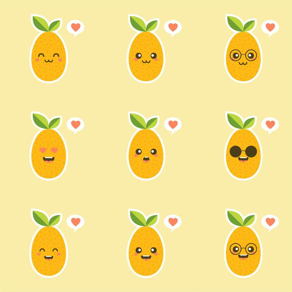 Cartoon character design. Oval kumquat with green leaf. cute and kawaii Fruit Flat vector illustration isolated on color background