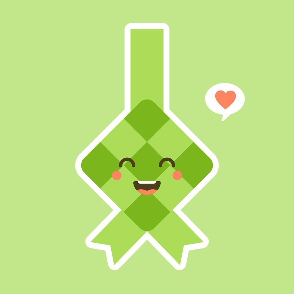 Bola de masa de arroz linda y kawaii o icono de ketupat en diseño plano aislado en fondo verde. ilustración vectorial eid mubarak. vector