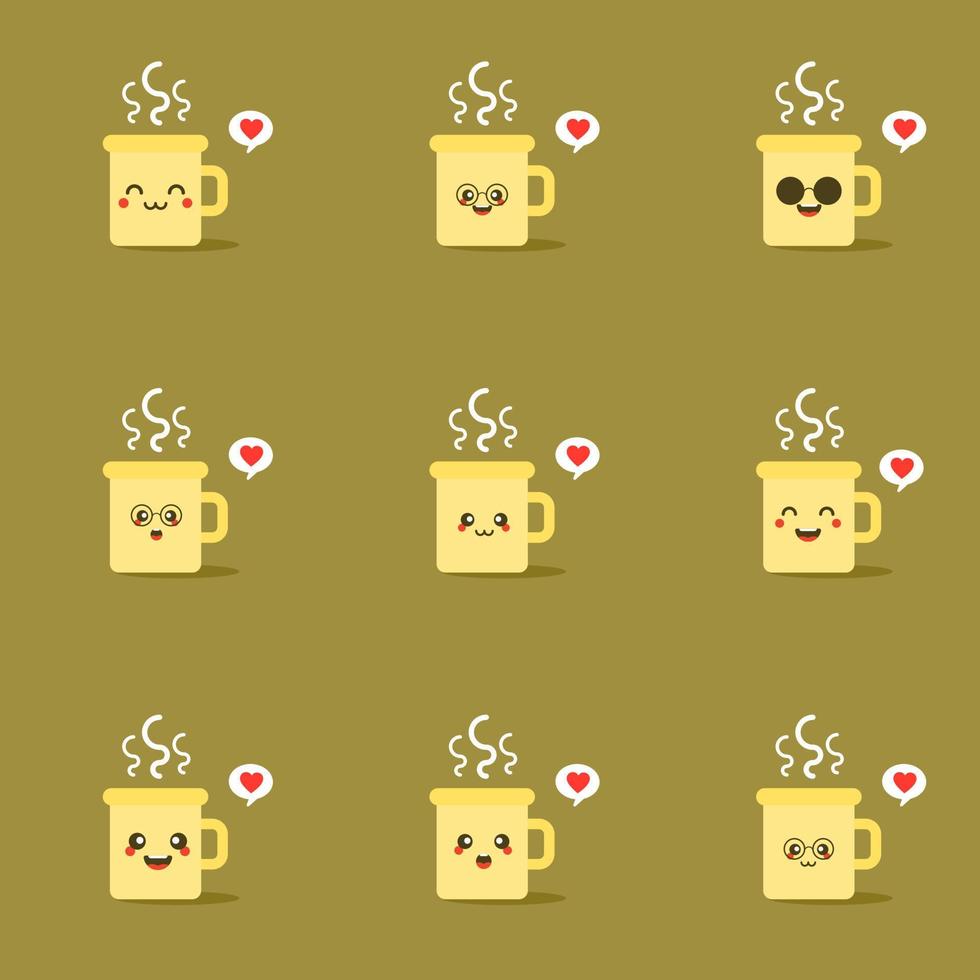 Set of coffee with smile faces. Vector illustration cartoon style. Funny characters