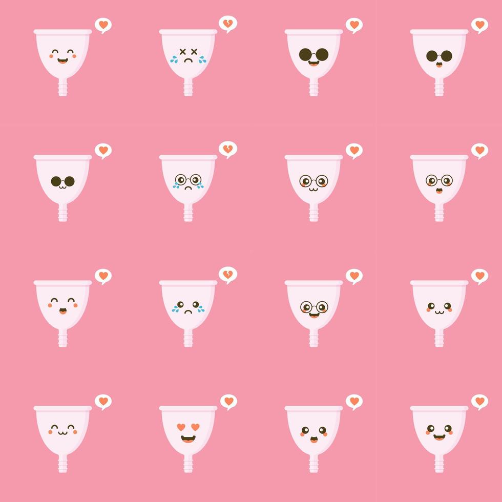 Cute happy smiling menstrual cup. Isolated on pink background. Vector cartoon character illustration design,simple flat style. Zero waste period, menstrual cup concept