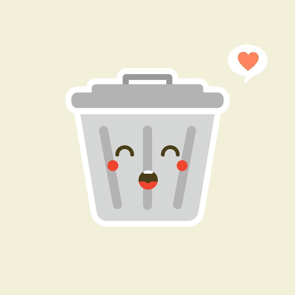 personaje lindo de dibujos animados de papelera de reciclaje en estilo  plano kawaii. cubo de basura